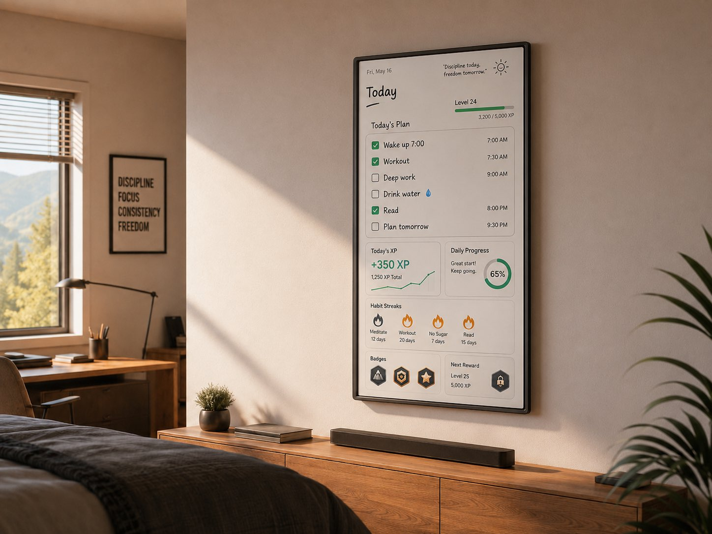 A calm bedroom with a wall-mounted display guiding the day